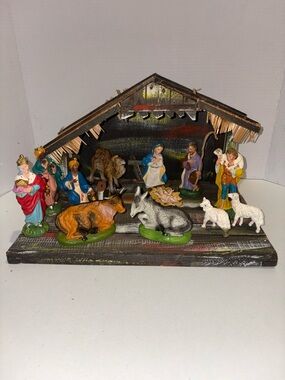 Classic Wooden Nativity Set with Multi-Color Figurines from Italy